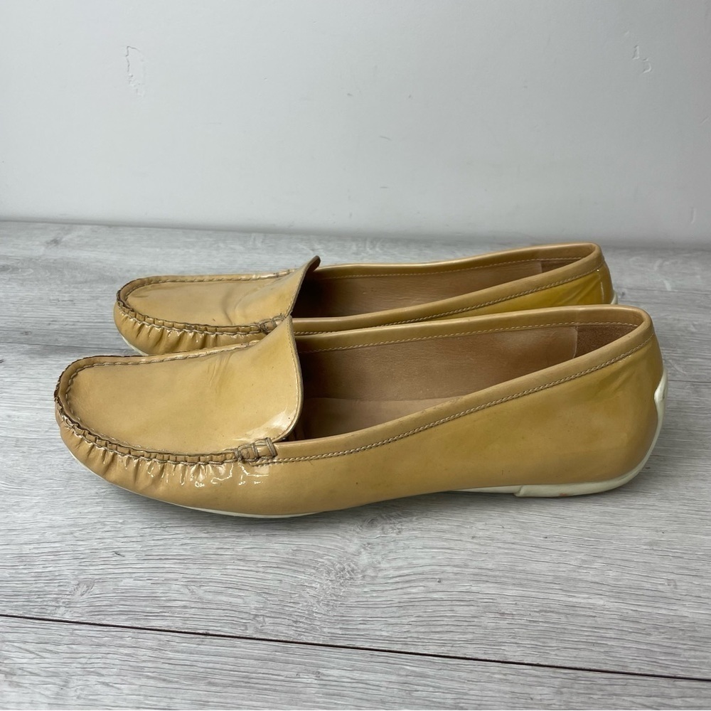 Stuart Weitzman Mach 1 Adobe Aniline Tan Patent Leather Driving Loafers Size 9.5 - Picture 2 of 11